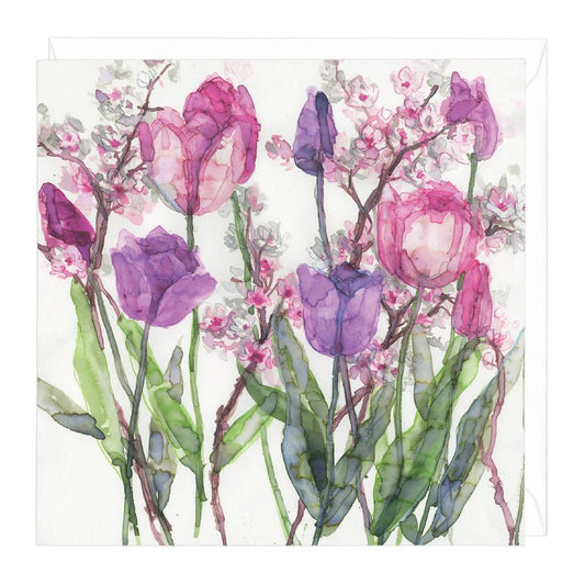 Pink Tulips & Pale Blossoms Card