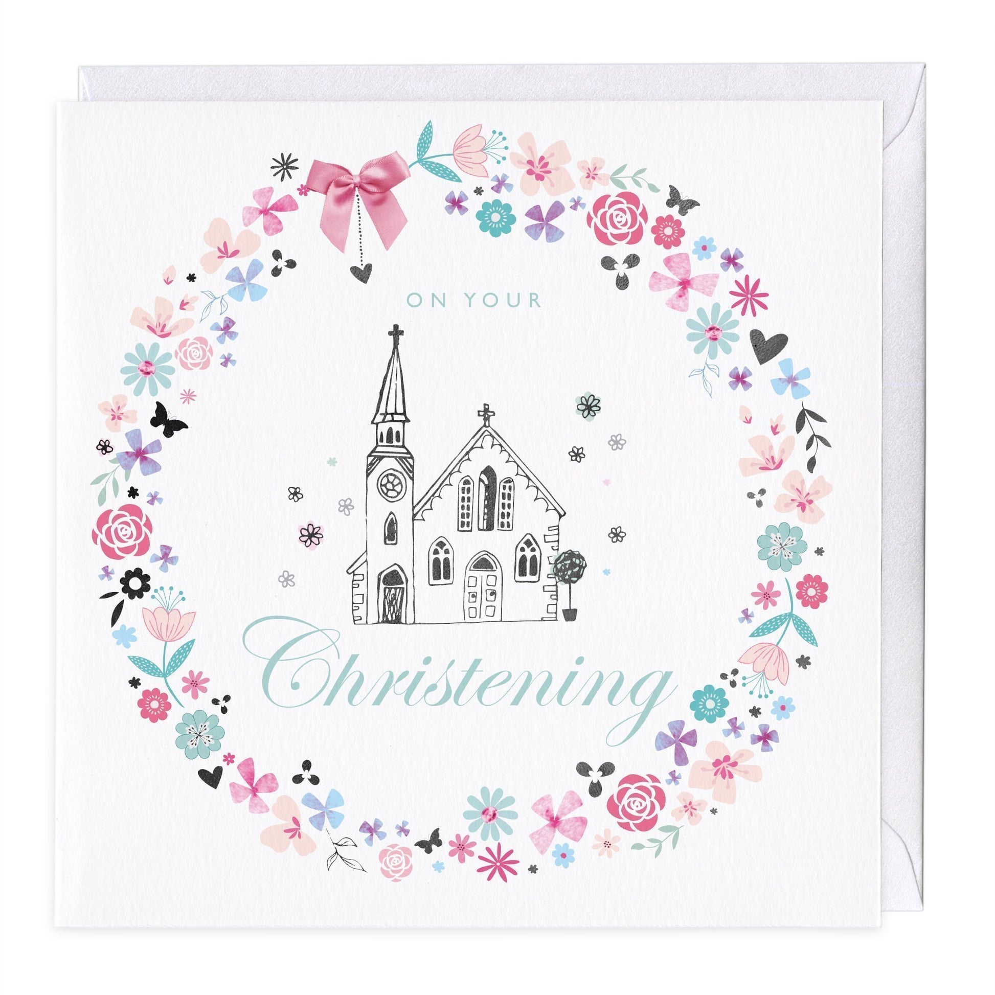 Floral Church Christening Card