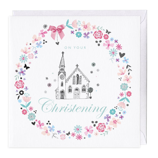 Floral Church Christening Card