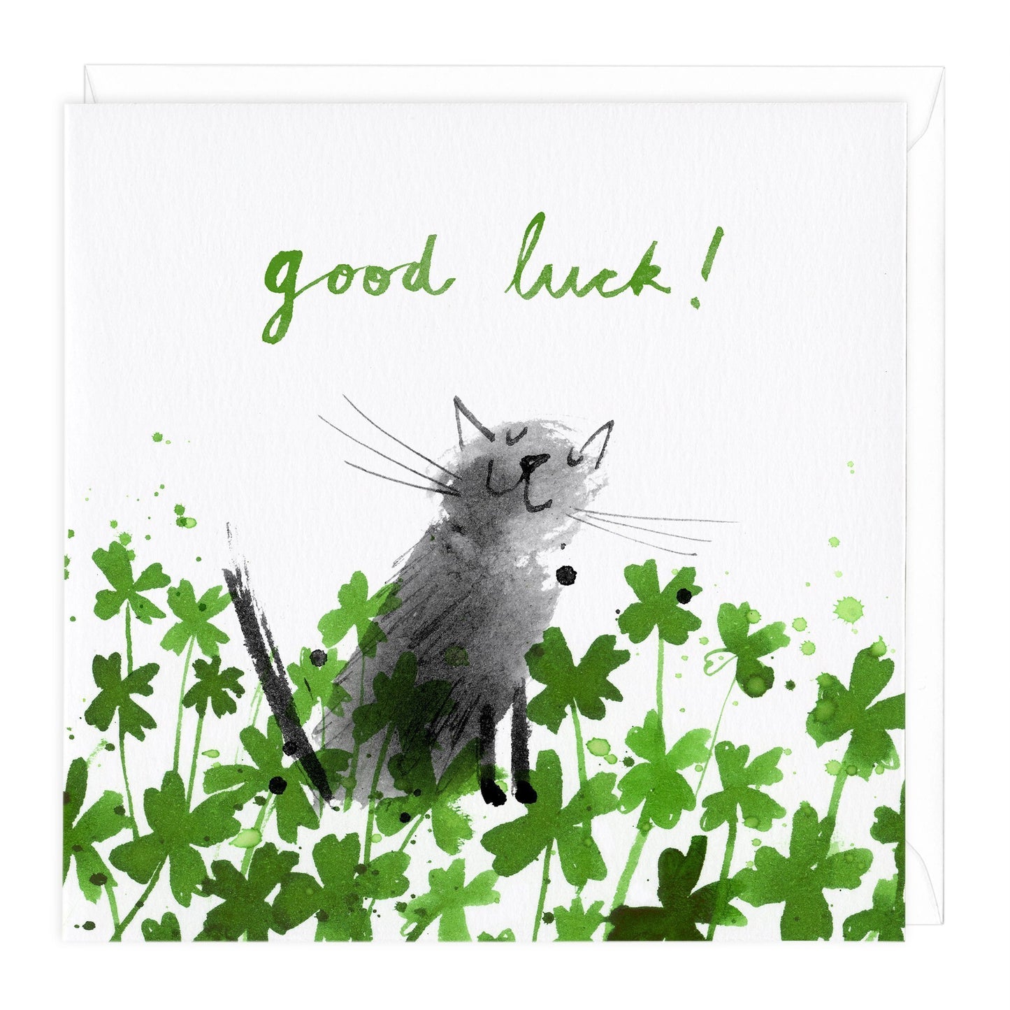 Cat and Clovers Good Luck Card