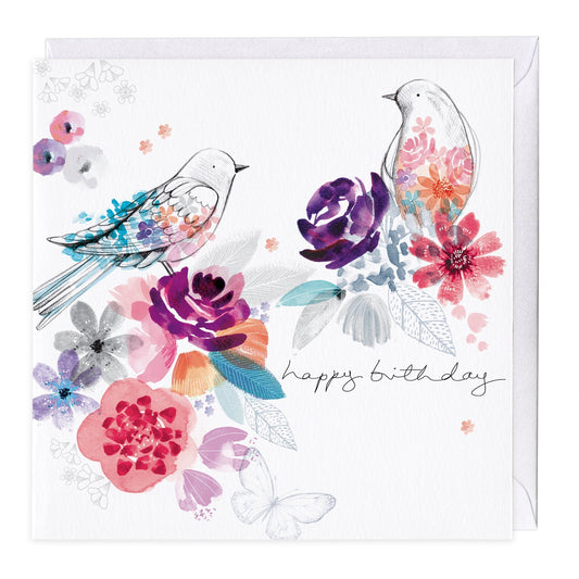 Flowers And Birds Birthday Card