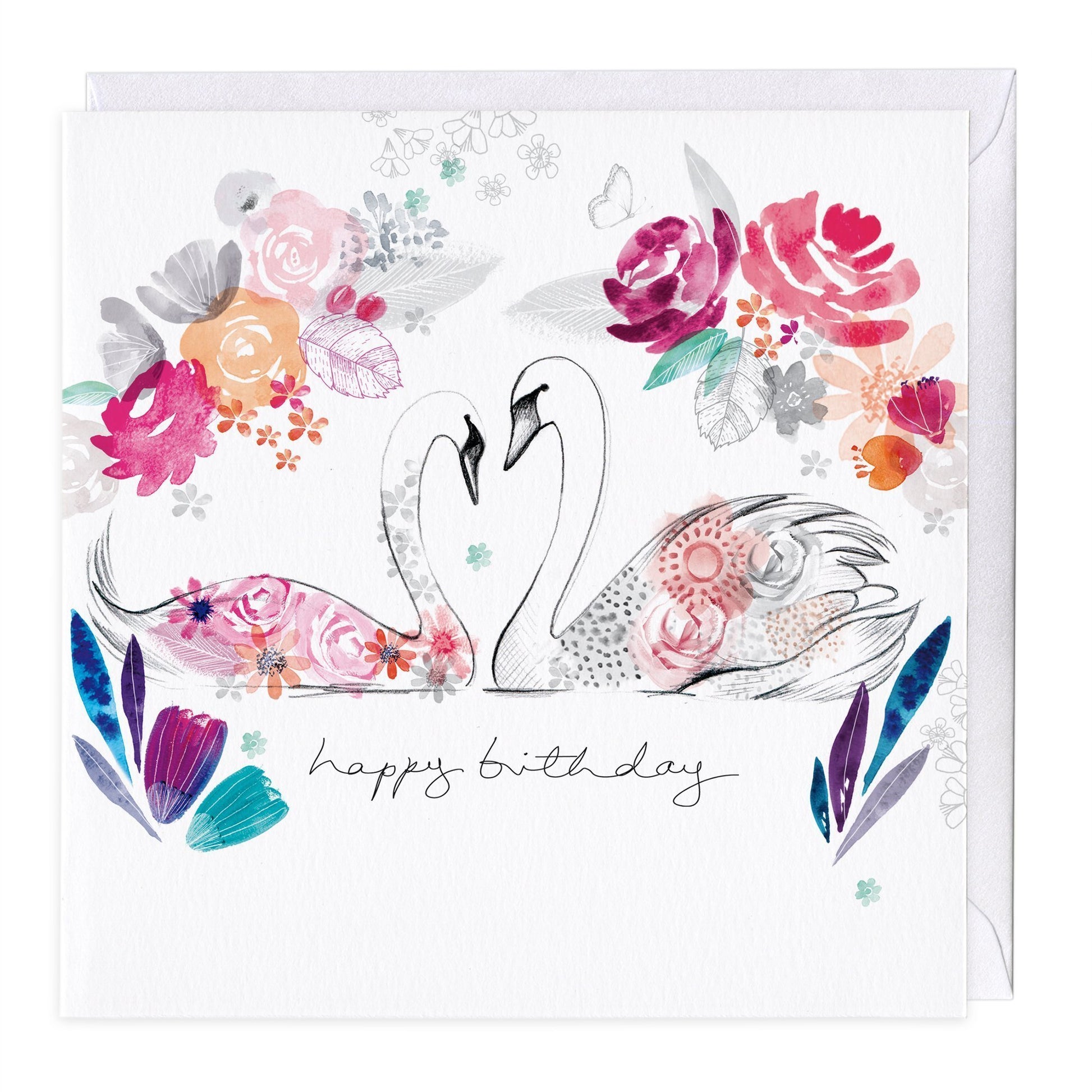 Flowers And Swans Birthday Card