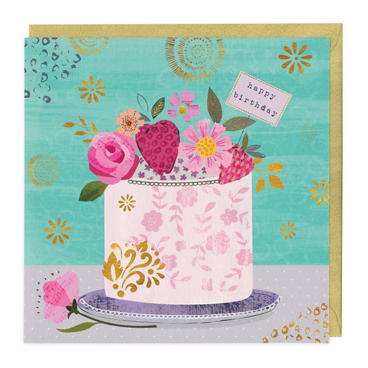 Strawberries & Floral Cake Birthday Card